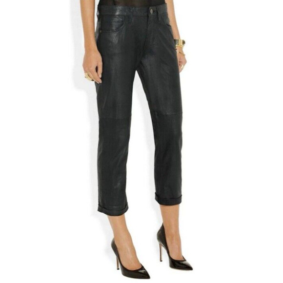 Current Elliott The Boyfriend Jet Black Goat Feather Leather Pants Women Size 28 - Picture 1 of 16